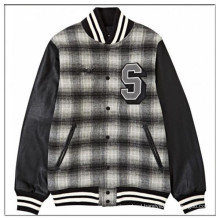 Unique leather sleeves plaid letterman jacket